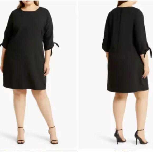 CECE Black 3/4 Sleeve Tie Cuffs Essential Classic Shift Knee Dress Size 4 - Picture 2 of 9